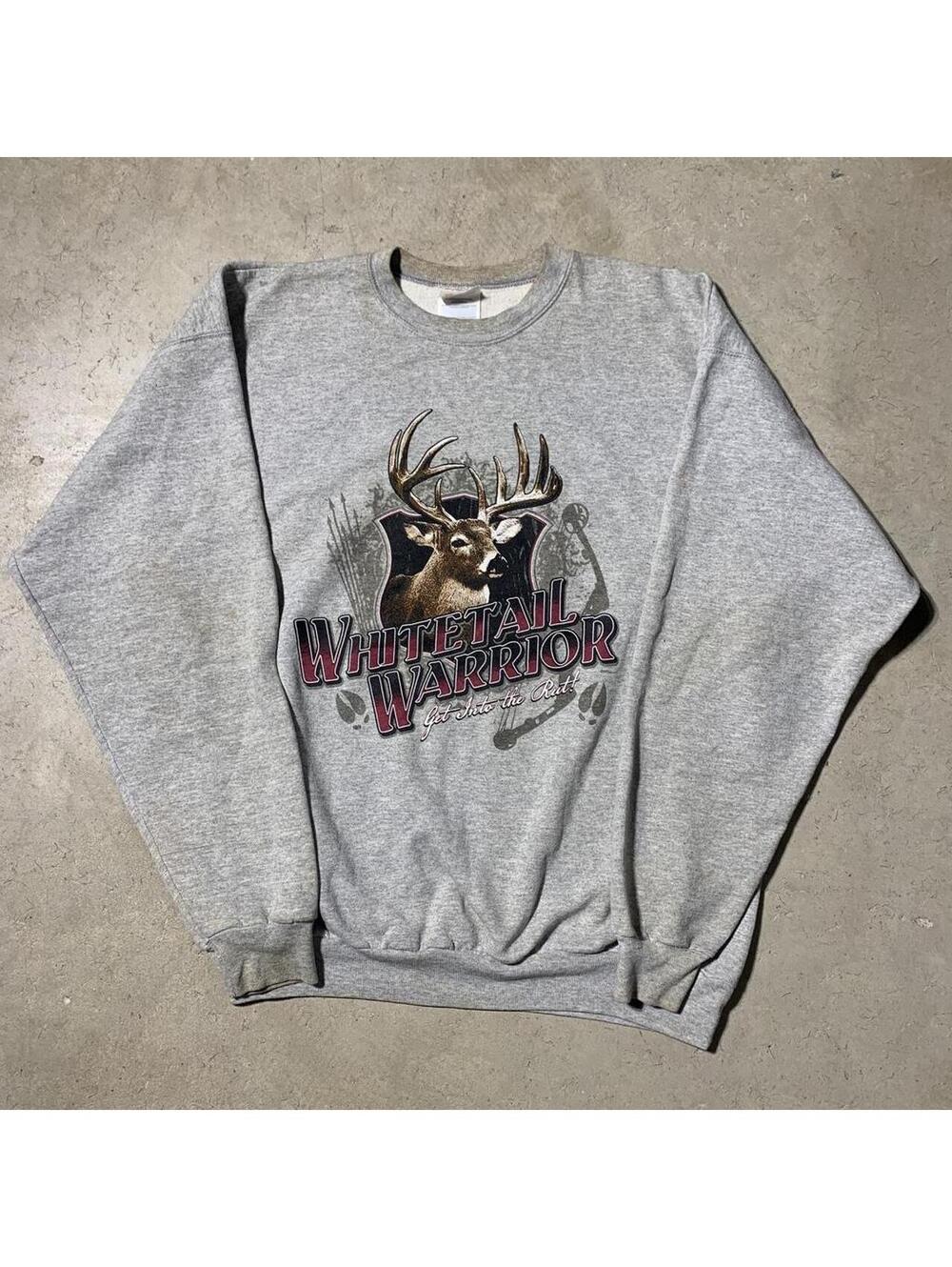 Vintage Y2K Whitetail Warrior Deer Hunting Sweatshirt Gray Mens Large Hanes